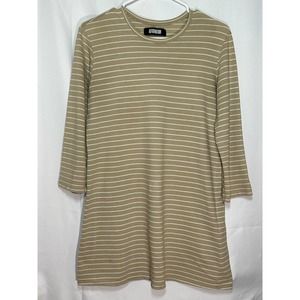 Reformation Crew Neck Shirt Beige White Stripe Long Length Quarter Sleeves Small